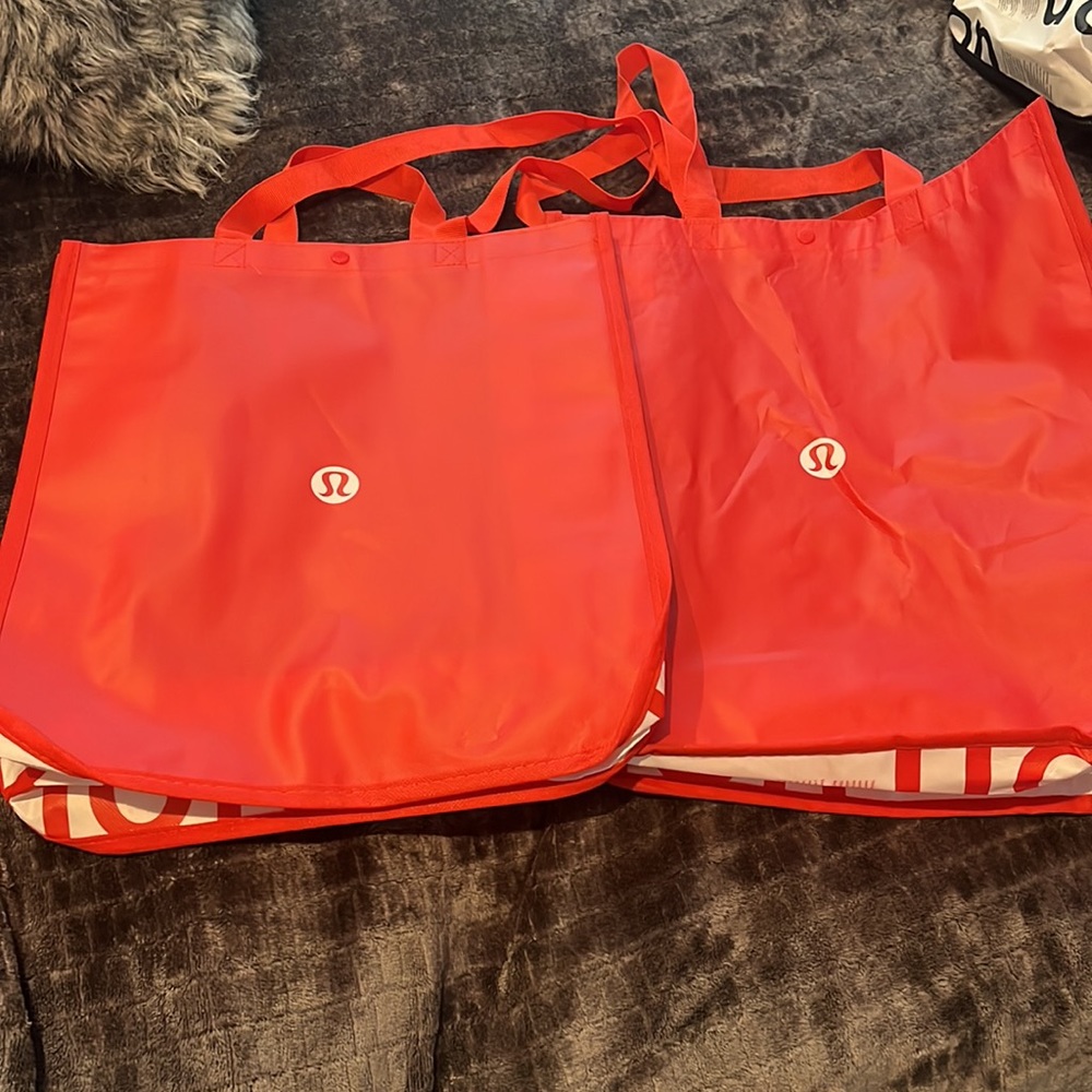 TWO Large Lululemon Shopping Totes Red White